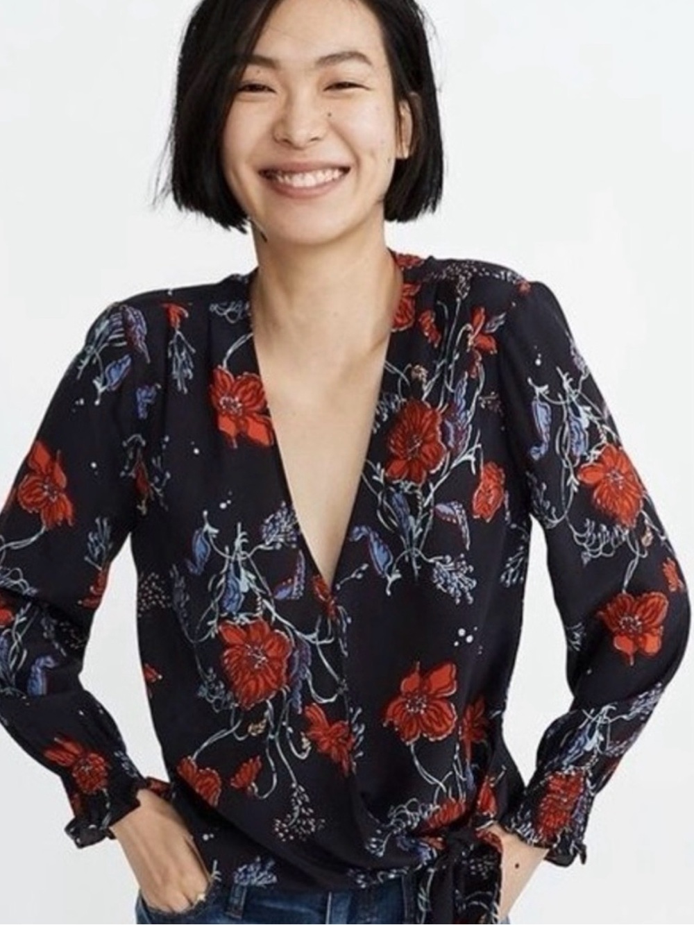 Madewell floral smocked-sleeve silk wrap blouse